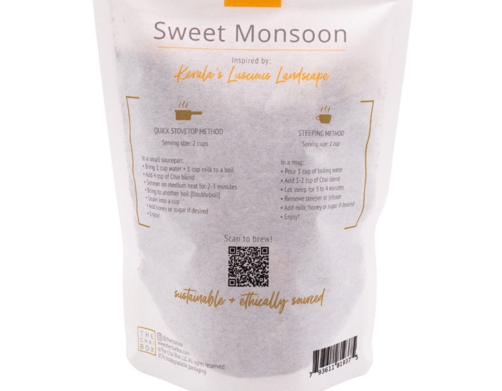 Back of Sweet Monsoon loose leaf tea blend bag. Great for brewing with stovetop method or steeping method. Shop Online.