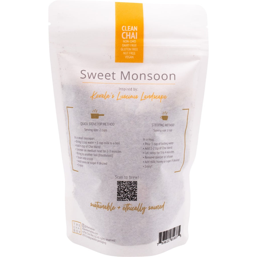 Back of Sweet Monsoon loose leaf tea blend bag. Great for brewing with stovetop method or steeping method. Shop Online.