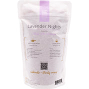 Back of Lavender Nights loose leaf tea blend bag. Great for brewing with stovetop method or steeping method. Shop Online.