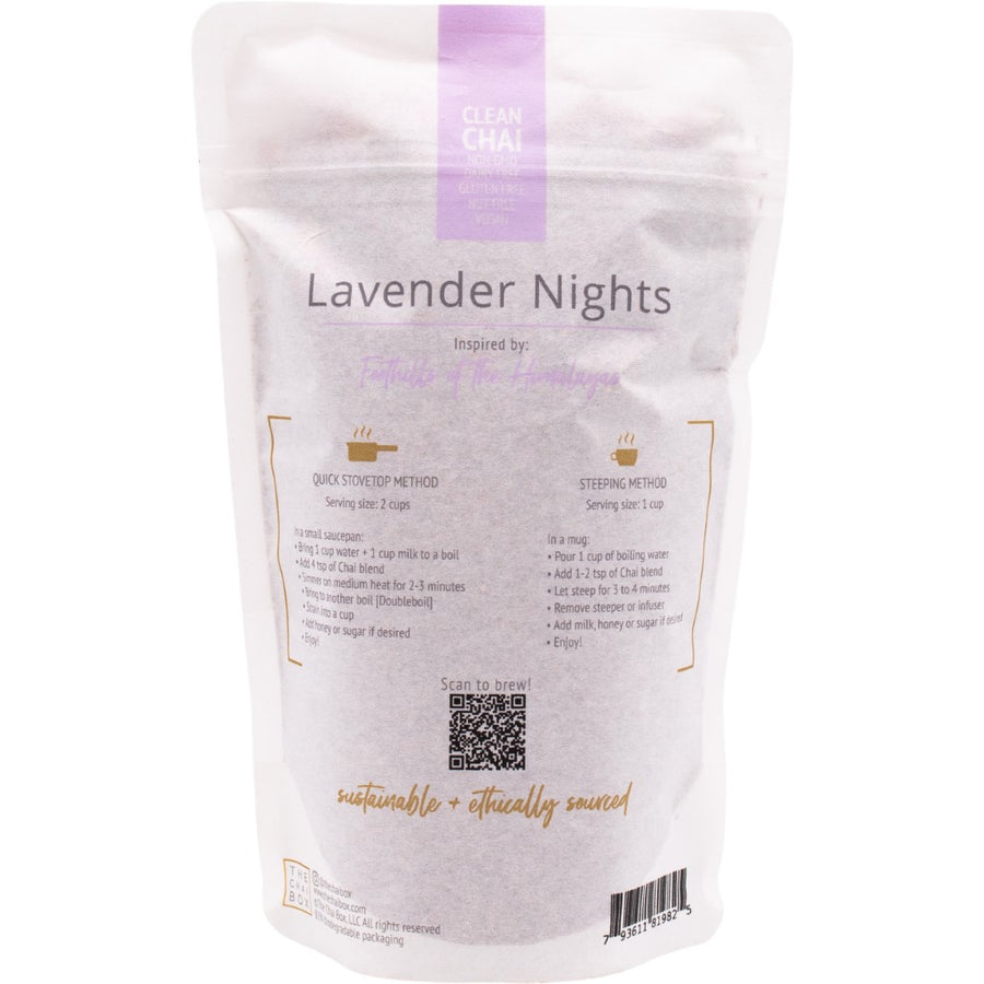 Back of Lavender Nights loose leaf tea blend bag. Great for brewing with stovetop method or steeping method. Shop Online.