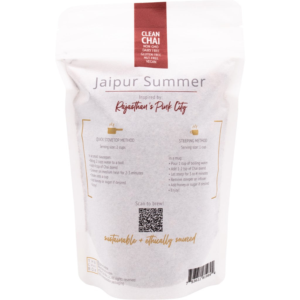 Back of Jaipur Summer  loose leaf tea blend bag. Great for brewing with stovetop method or steeping method. Shop Online.