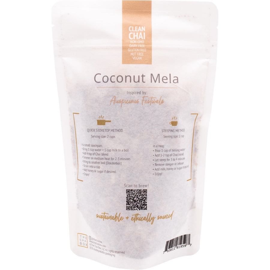 Back of Coconut Mela loose leaf tea blend bag. Great for brewing with stovetop method or steeping method. Shop Online.