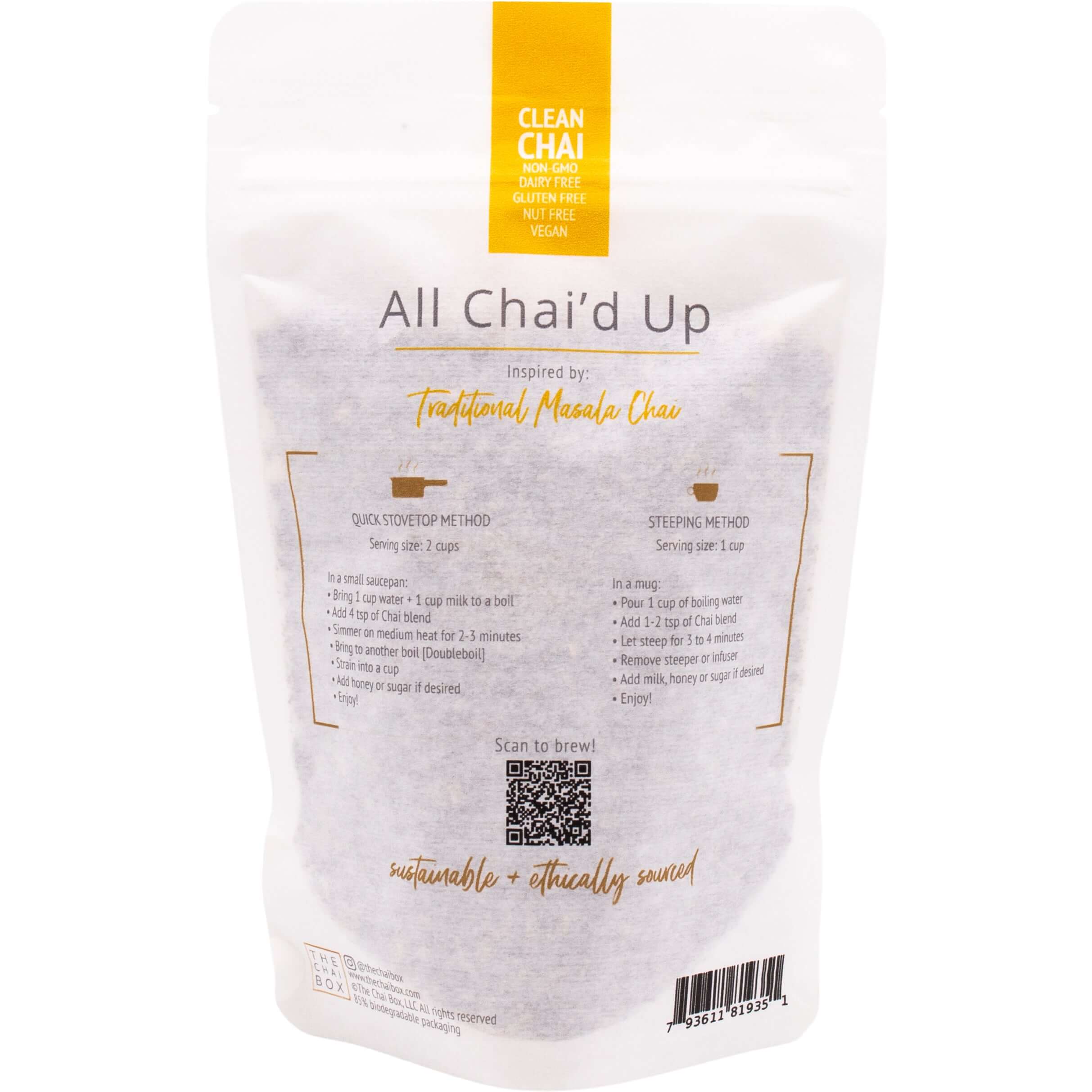 Back of All Chai'd Up loose leaf tea blend bag. Great for brewing with stovetop method or steeping method. 