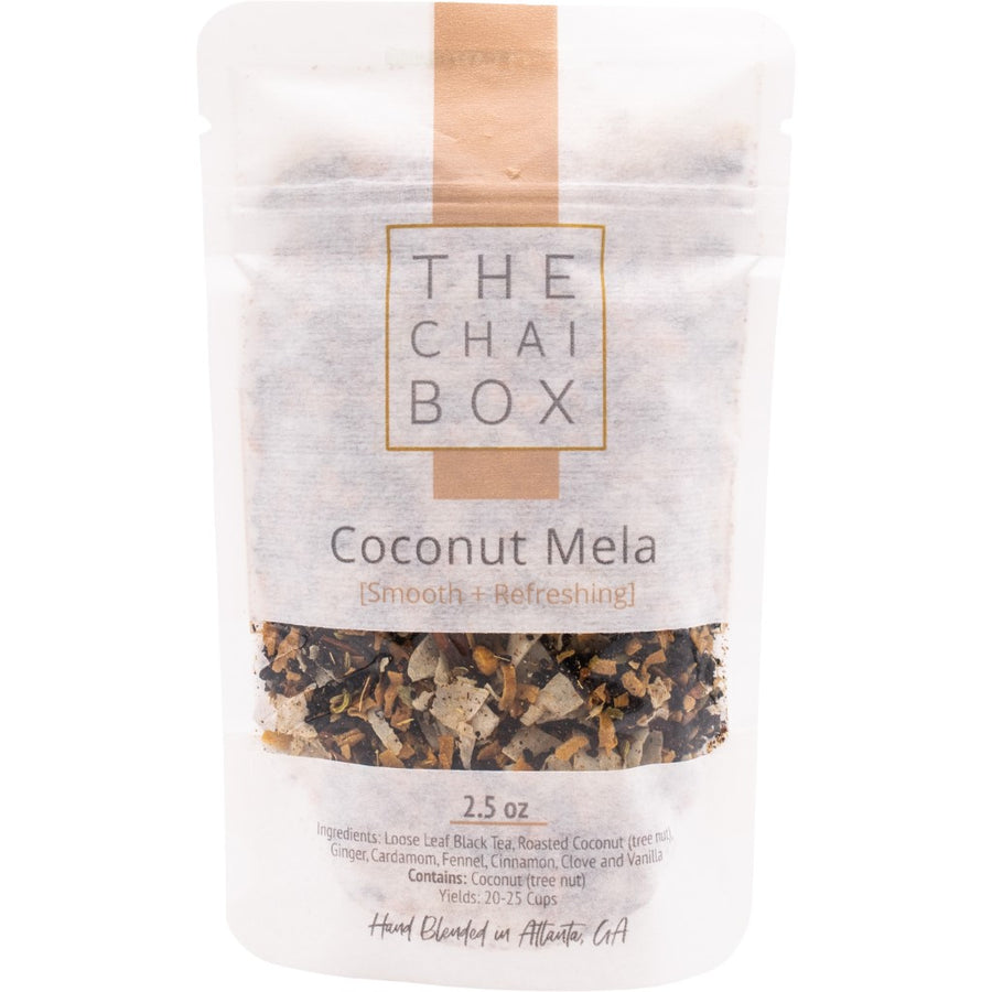 Bag of Coconut Mela. Smooth and Refreshing chai. Tea with antioxidants. Aids digestion, anti-inflammatory and may support heart health. 