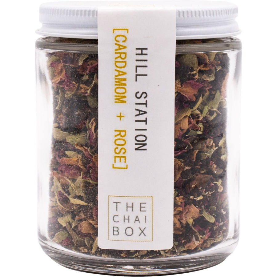 Hill Station with Cardamom and Rose masala chai available in a reusable glass jar. Eco-friendly and sustainable packaging.