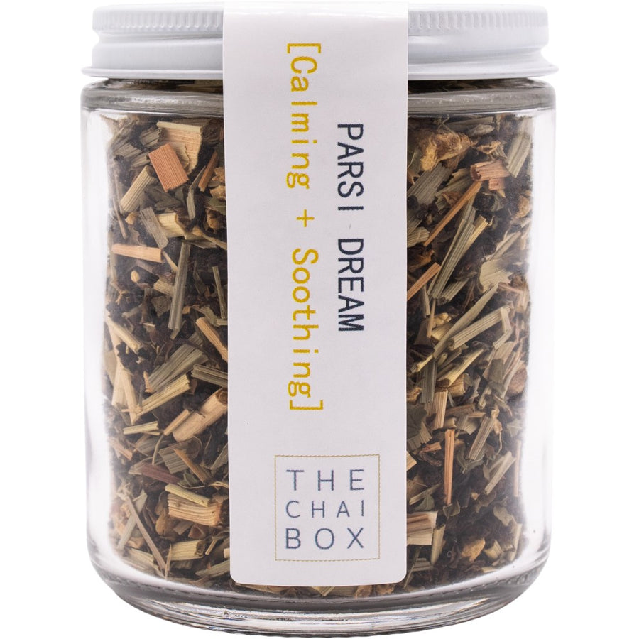 Parsi Dream Loose Leaf Tea Blend in a reusable jar. Eco-friendly and sustainable packaging.