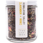 Himalayan Valley with lavender and rose masala chai available in a reusable glass jar. Eco-friendly and sustainable packaging.