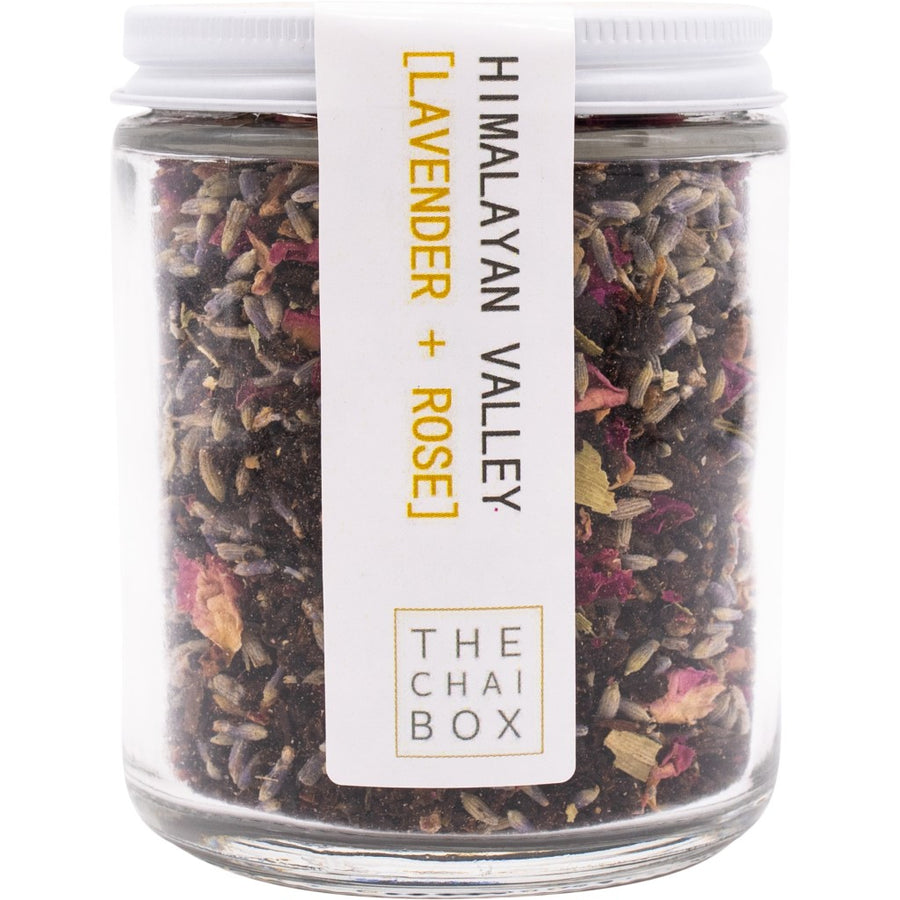 Himalayan Valley with lavender and rose masala chai available in a reusable glass jar. Eco-friendly and sustainable packaging.