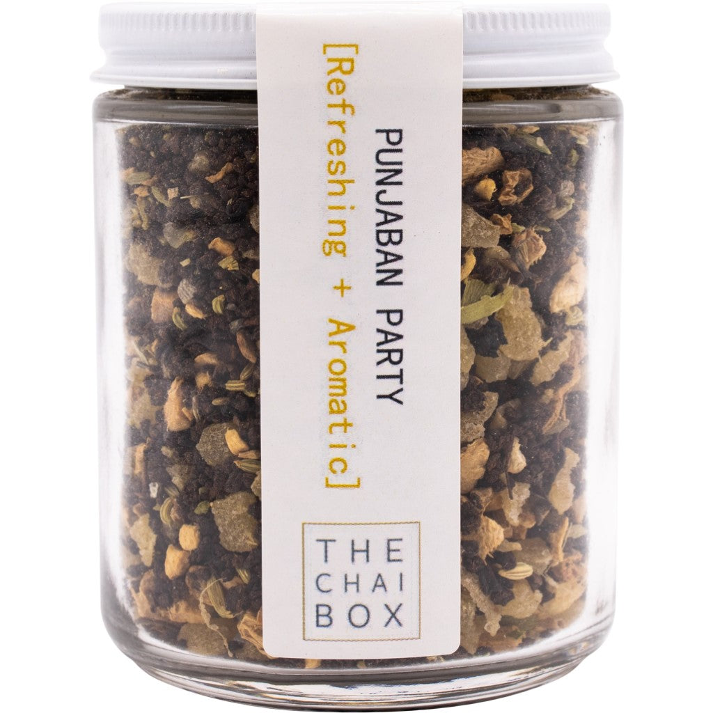 Punjaban Party Loose Leaf Tea Blend in a reusable jar. Eco-friendly and sustainable packaging.