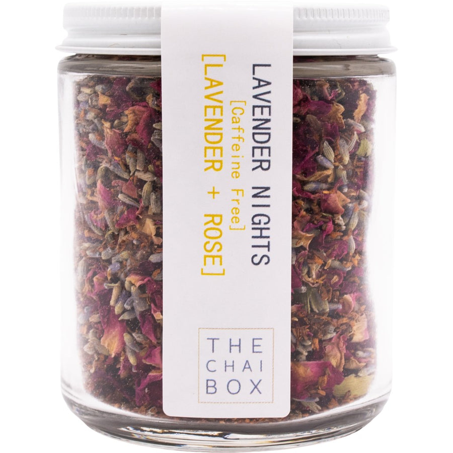 Lavender Nights caffeine free loose leaf tea blend. Inspired by the valleys on the foothills of the Greater Himalayas. 
