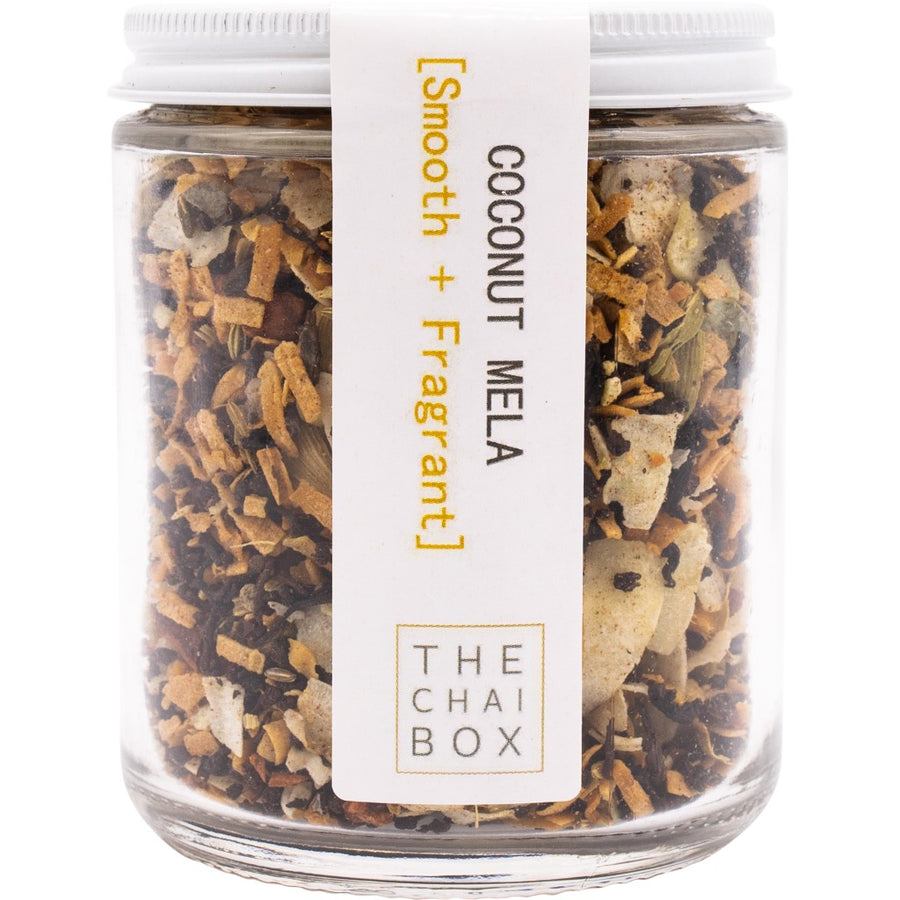 Coconut Mela masala chai available in a reusable glass jar. Eco-friendly and sustainable packaging.