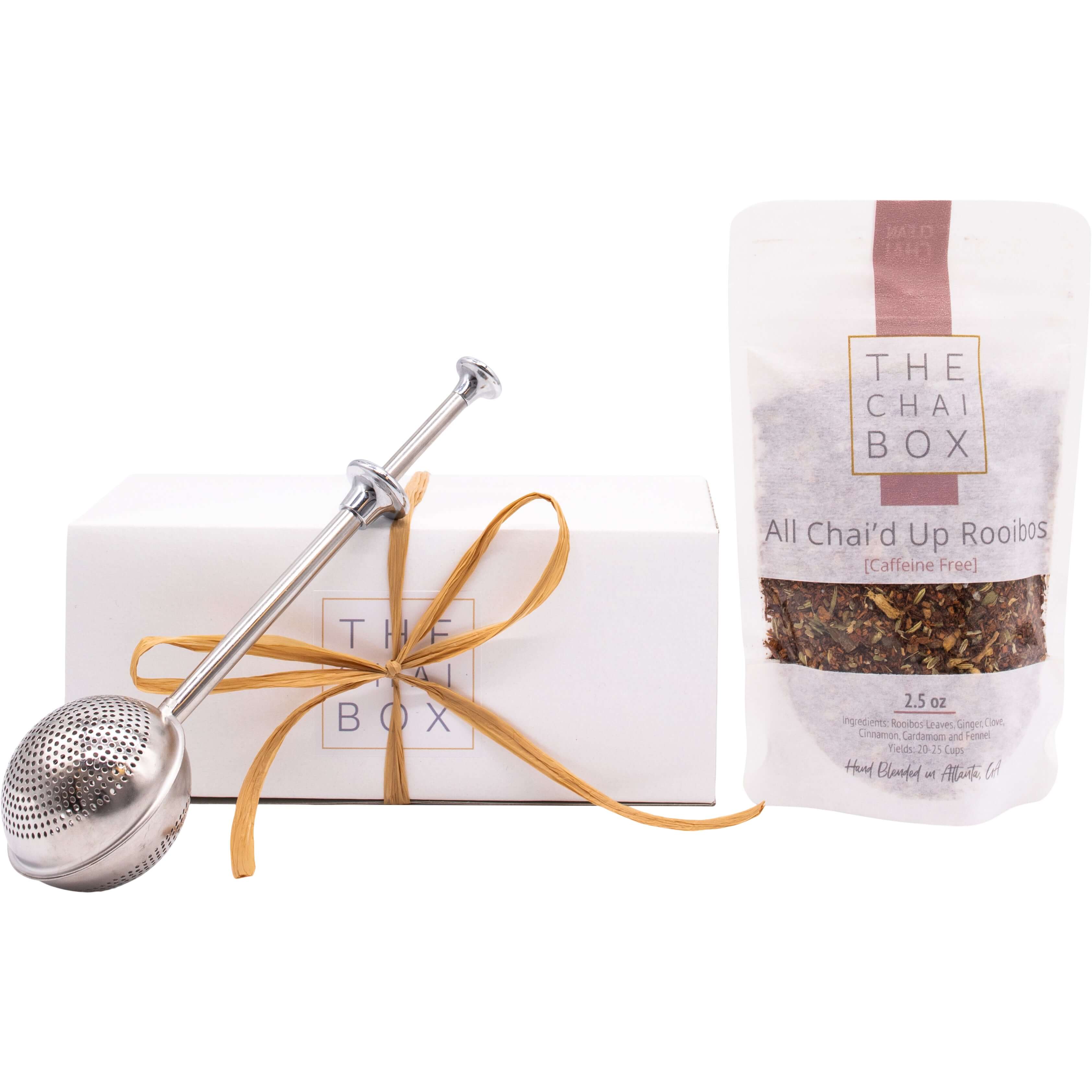 All Chai'd Up Rooibos Caffeine free loose leaf tea blend gift set. Includes a bag of decaf loose leaf tea blend All Chai'd Up Rooibos flavor and tea steeper. 