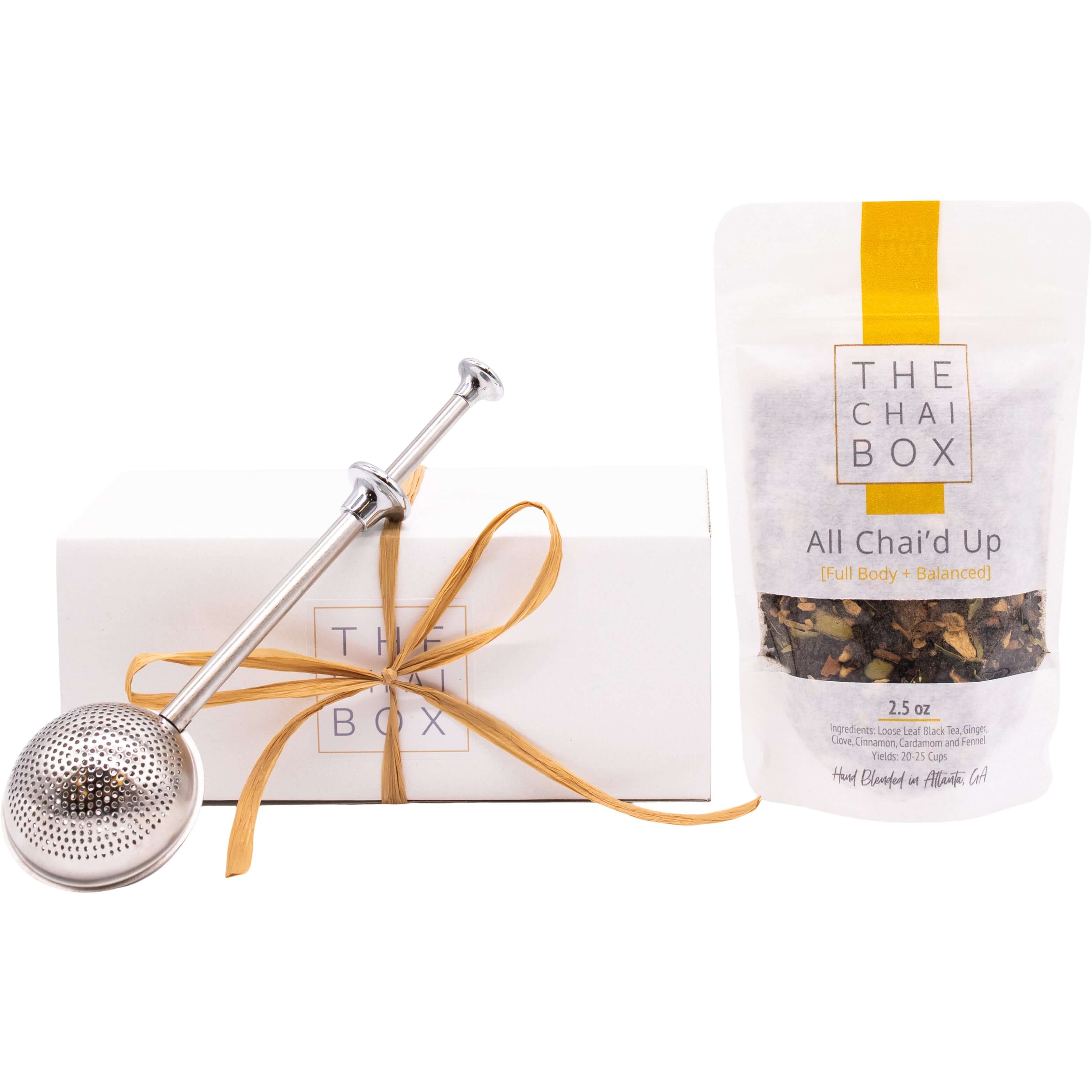 The Chai Box All Chai&#39;d Up Gift Set. Includes a bag of All Chai&#39;d Up loose leaf tea blend and a tea steeper. 