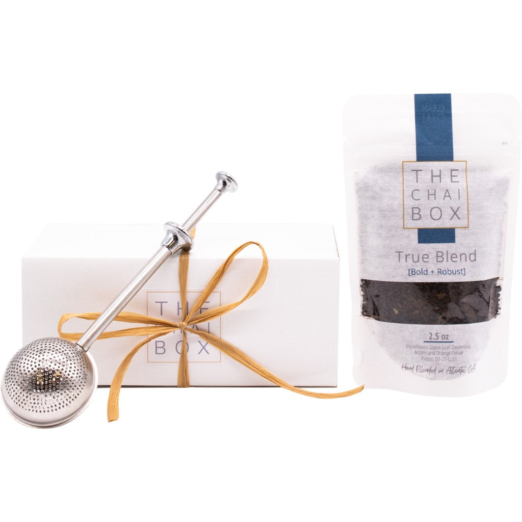 The Chai Box True Blend Gift Set for tea lovers. Includes a bag of True Blend Chai loose leaf tea blend and a tea steeper.