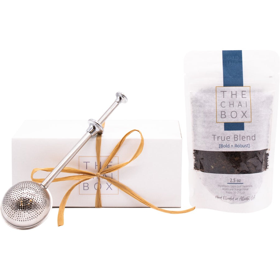The Chai Box True Blend Gift Set for tea lovers. Includes a bag of True Blend Chai loose leaf tea blend and a tea steeper.