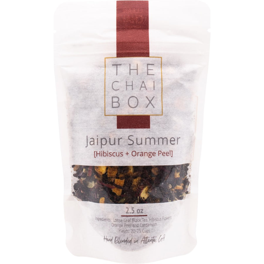 Bag of Jaipur Summer Loose Leaf Tea blend with hibiscus and orange peel. A tea inspired by the capital of India 