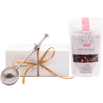 The Chai Box  Hill Station Gift Set. Includes a bag of Hill Station loose leaf tea blend and a tea steeper.