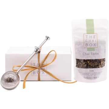 The Chai Box Chai Tonic Gif set include a bag of chai tonic loose leaf tea blend and a tea steeper. Buy Online. 