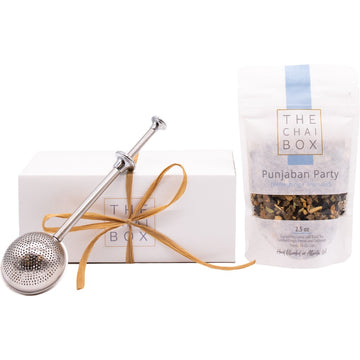The Chai Box Punjaban Party Gift Set for tea lovers. Includes a bag of Punjaban Party Chai loose leaf tea blend and a tea steeper.