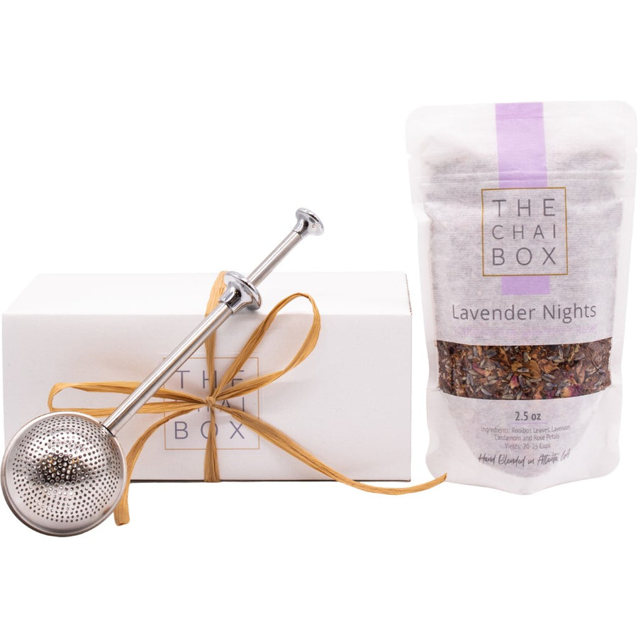The Chai Box Lavender Nights Caffeine Free Gift Set for tea lovers. Includes a bag of Lavender Nights Chai loose leaf tea blend and a tea steeper.
