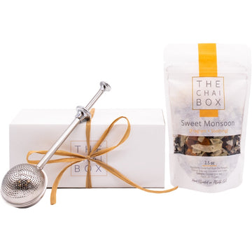 The Chai Box Sweet Monsoon Gift Set for tea lovers. Includes a bag of Sweet Monsoon Chai loose leaf tea blend and a tea steeper.