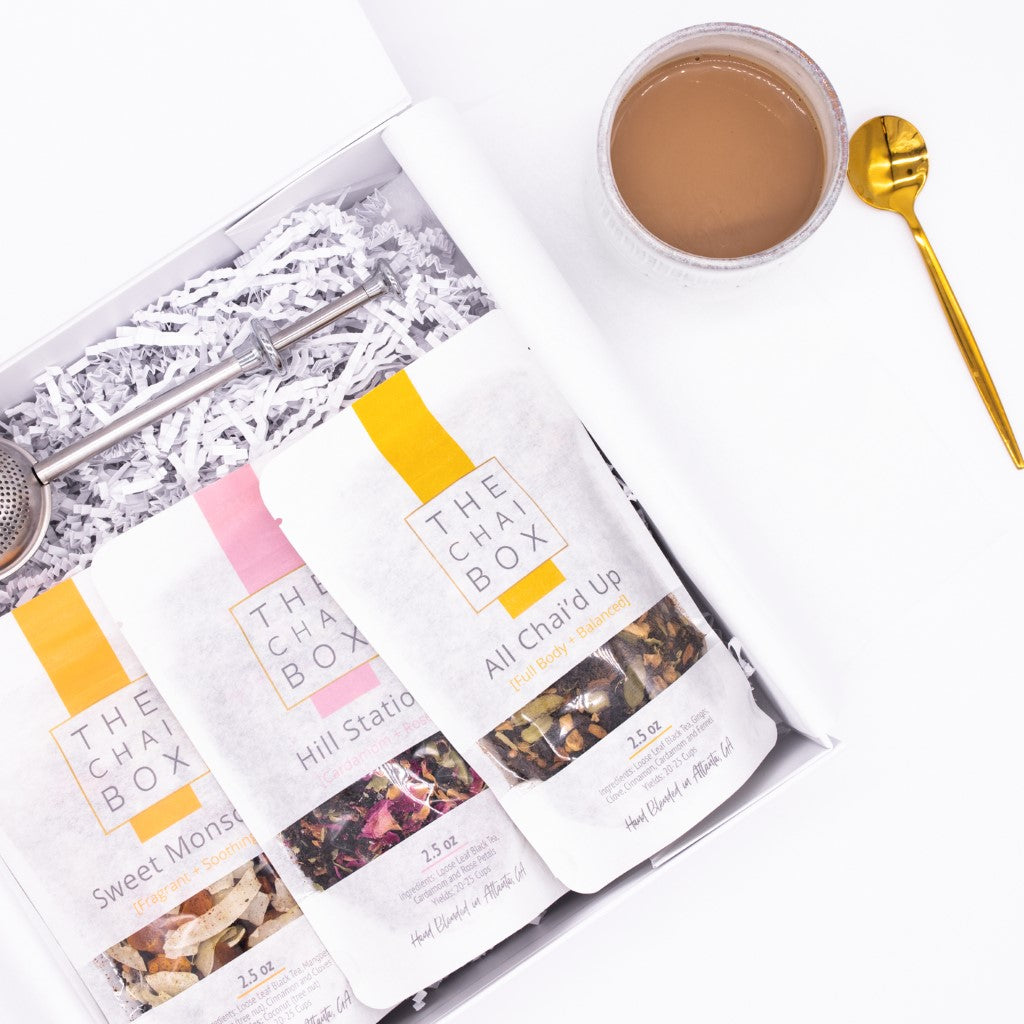 The Chai Box Best Sellers Gift Set. Includes All Chai'd Up, Sweet Monsoon and Hill Station Loose Leaf Tea Blends flavors