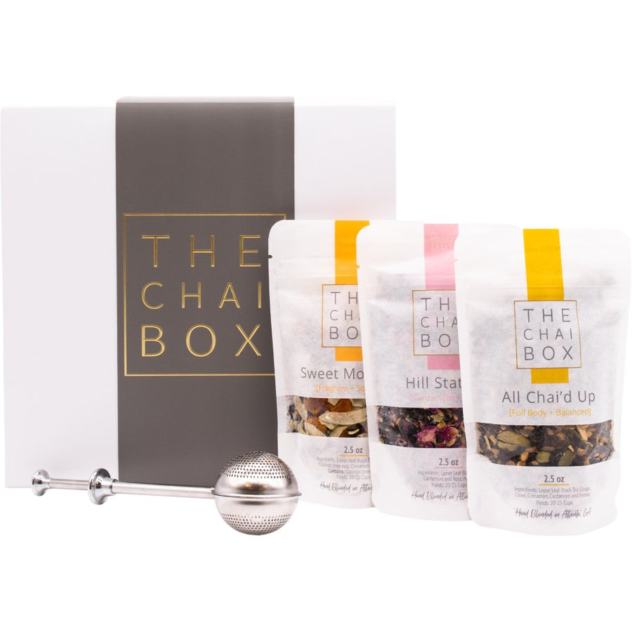 Best Sellers Gifts Set includes 3 different authentic chai blends and tea steeper. 